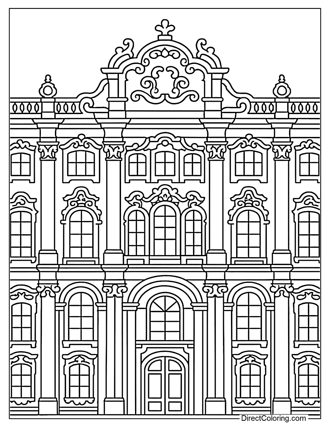 Winter Palace facade coloring page with Baroque patterns and tall windows.